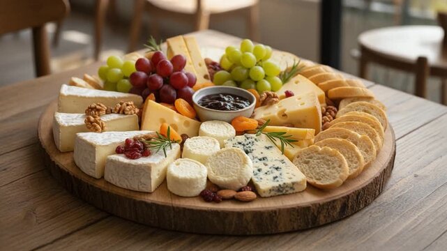 Gourmet cheese platter with grapes, crackers, and jam on wooden board, creating an elegant appetizer and fine dining food concept.
