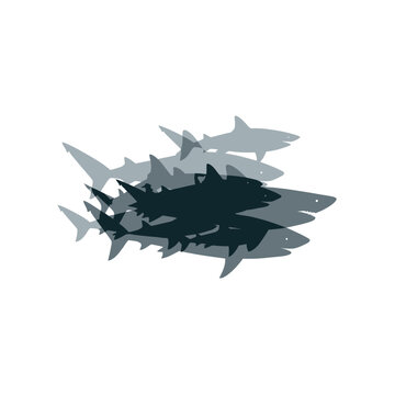 A school of sharks swimming in unison a dark silhouette against a white background.