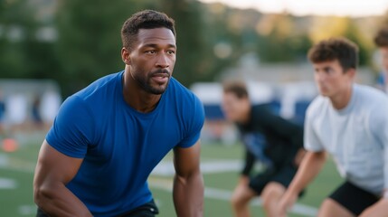 Fototapeta premium Professional sports training focusing on preventing knee pain, featuring athletes utilizing advanced techniques for injury-free performance. An athletic field with a coach guiding energetic players