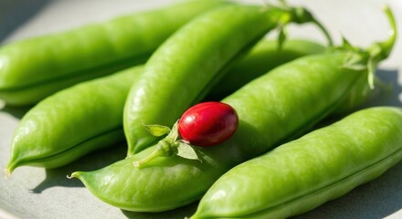 Vibrant close-up of fresh green pea pods with one red berry on a soft, blurred background
