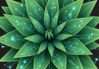 Digital plant with circuit patterns on green leaves in a modern style

