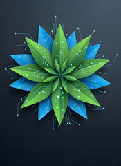 Digital flower design with blue and green elements, abstract style, tech background
