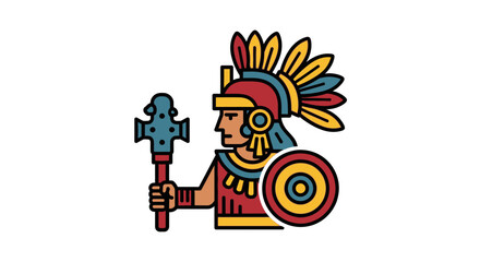 Fototapeta premium Aztec Warrior with Feathered Headdress and Shield.