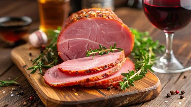 Sliced cooked ham served on wooden board with herbs and spices, representing deli meat, traditional cuisine, and fresh protein-rich food presentation.
