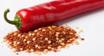 Vivid red chili pepper with stem atop a pile of crushed chili flakes, white background