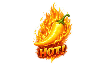 Yellow chili pepper surrounded by vibrant flames with hot! text, representing intense heat, spicy food, and exotic flavor