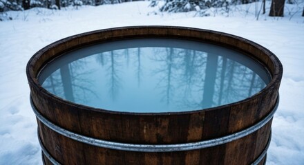 Wooden barrel filled with serene light blue water, in snowy, forested landscape