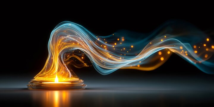 Glowing candle flame transforming into abstract light threads