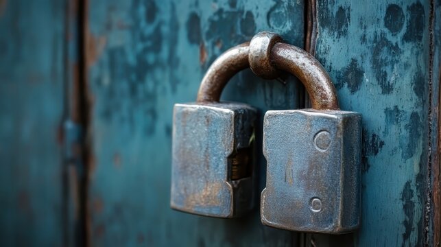 A heavily rusted, old padlock secured on a weathered, teal blue door, showcasing robust physical security and historical protection.