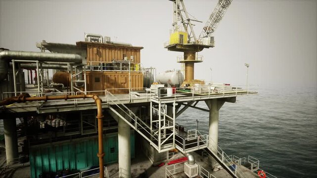 This old oil platform features large metal structures and equipment positioned above calm waters
