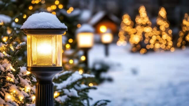 Cozy winter garden illuminated by twinkling Christmas lights on a snowy evening, creating a magical and peaceful ambiance.