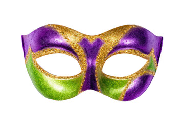 A Glittery Half Face Mask in Purple, Green, and Gold on a Transparent Background. Isolated Clipart High Resolution Png