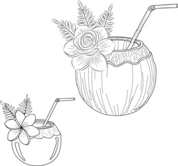 Two line coconut drinks with flowers and leaves tropical drink