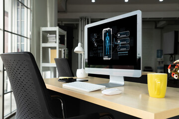 Fototapeta premium Medical science technology and futuristic healthcare virtual computer software analyze human health and diagnose disease for doctor data and medical research. brisk