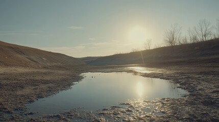 A Shrinking Water Reservoir Reflecting Sunlight in a Dry, Arid Landscape Under a Hazy Sky