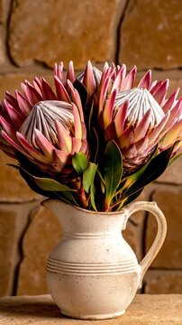 Exotic protea flowers arranged in a rustic ceramic pitcher. A beautiful display of nature's artistry against a stone background.