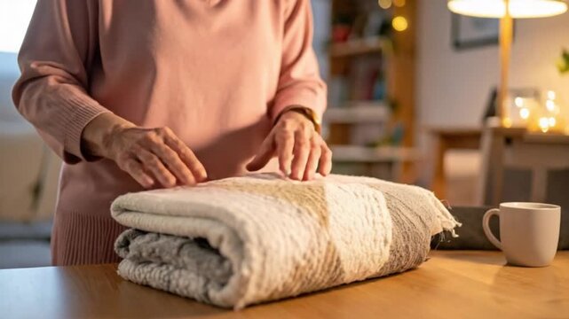 Senior woman's hands folding a soft blanket on a wooden table at home