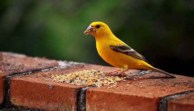 A Bright Yellow Bird Perched On A Brick Surface Eating Seeds