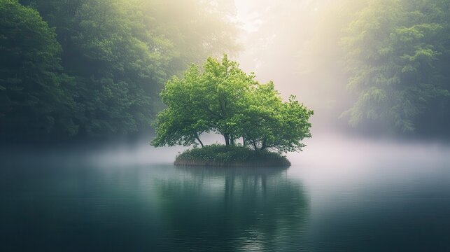 A small lush island covered in trees rests peacefully in a serene mist-shrouded lake surrounded by foliage and water reflections