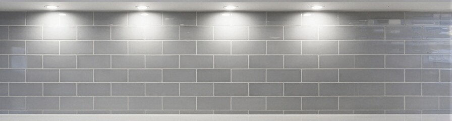 Fototapeta premium Gray subway tile wall with recessed ceiling lights and glossy ceramic finish for interior design background and modern decor banner