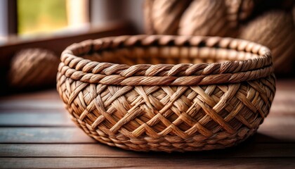 Fototapeta premium Close Up Of A Handwoven Wicker Basket With Intricate Weaving Detail