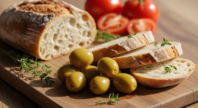 Pan italiano r&uacute;stico, aceitunas y tomates maduros, comida sencilla, naturaleza muerta