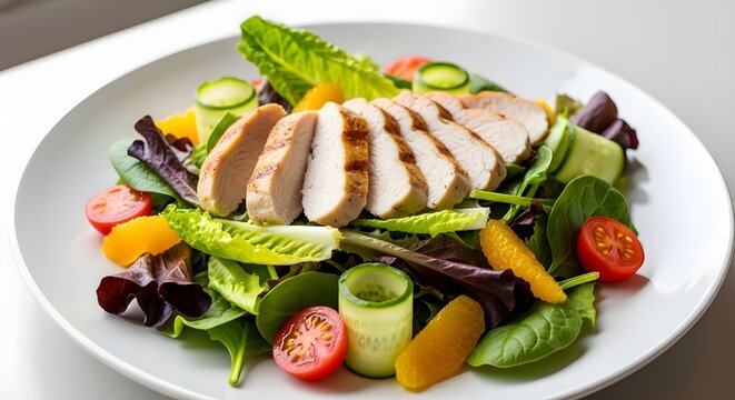Ensalada de pollo a la parrilla con verduras frescas, alimentaci&oacute;n saludable, fotograf&iacute;a de comida, comida deliciosa, aislada sobre fondo transparente