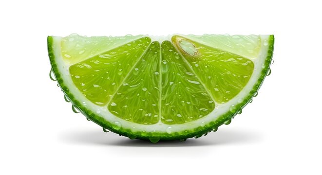 Rebanada de lima refrescante con gotas de agua aisladas sobre fondo verde