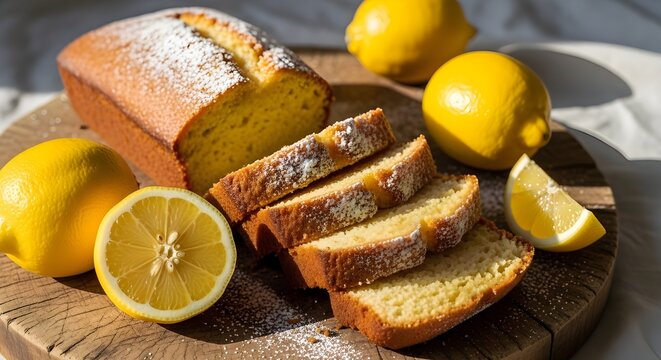 Delicioso pastel de lim&oacute;n, cortado en rodajas y listo para servir sobre tabla de madera