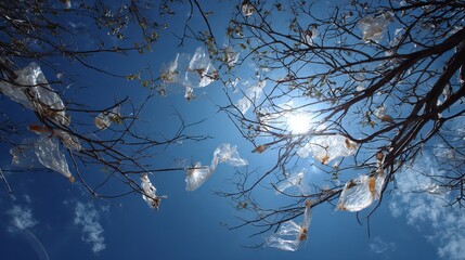 Plastic debris flutters on branches, polluting the bright blue sky.