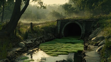 Algal bloom spreads from stormwater drain into a polluted marsh under soft sunlight