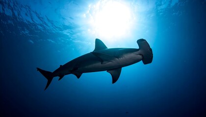 Fototapeta premium Hammerhead Shark Silhouette Against the Light - Deep Sea Single Object