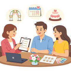 Couple planning wedding details with a consultant