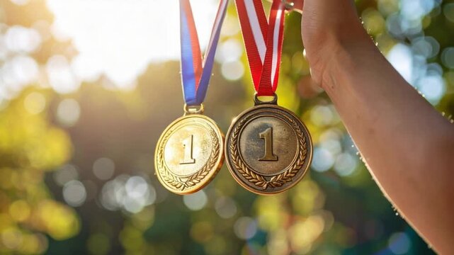 Hand holding two gold medals for first place against a sunny outdoor background