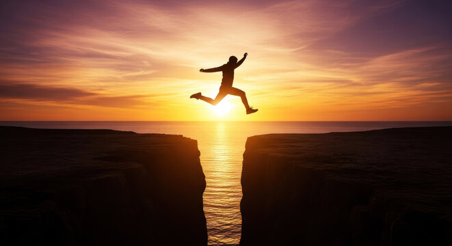 Person jumping between two cliffs at sunset over the ocean