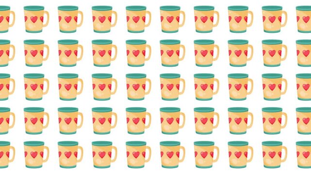 Repeating pattern of light tan mugs with red hearts. Suitable for valentines day merchandise, printing on fabrics, and kitchen decor.