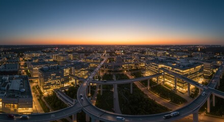 Fototapeta premium Cityscape at dusk featuring elevated highway and illuminated buildings under a colorful sky