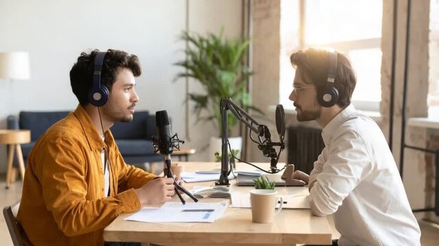 Young men recording podcast or interview in modern home studio