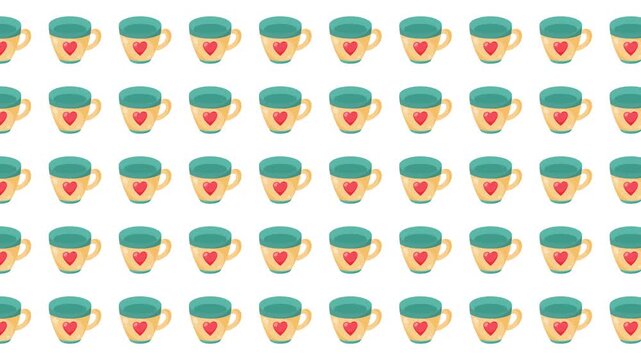 Rows of cute tea cups with hearts on white background. Perfect for valentines day, greeting cards, websites, and social media posts.