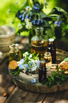 Concept of pure natural ingredients for cosmetic production. Alternative herbal medicine. Bottles of tincture or potion, organic essential oils, dry healthy herbs, floral extracts on wooden table