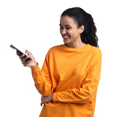 Fototapeta premium Beautiful young woman with smartphone on white background