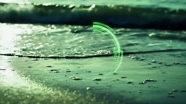 A green-tinted image of a beach with a circular neon-like design superimposed over the sand