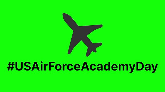 US Air Force Academy Day text animation concept with jet plane vector icon symbol popup. Animated black word design, editable lettering motion graphic video template with green screen background.
