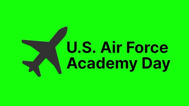US Air Force Academy Day text animation concept with jet plane vector icon symbol popup. Animated black word design, editable lettering motion graphic video template with green screen background.