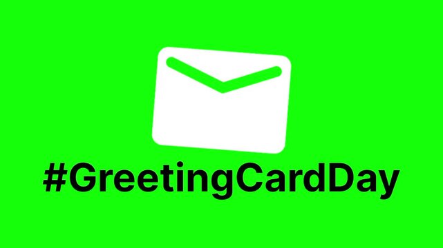 Greeting Card Day text animation concept with white envelope mail vector icon symbol popup. Animated black word design, editable lettering motion graphic video template with green screen background.