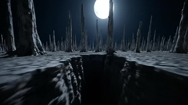 Alien planet surface with a deep chasm slicing through desolate ground under a bright full moon and spiky rock formations