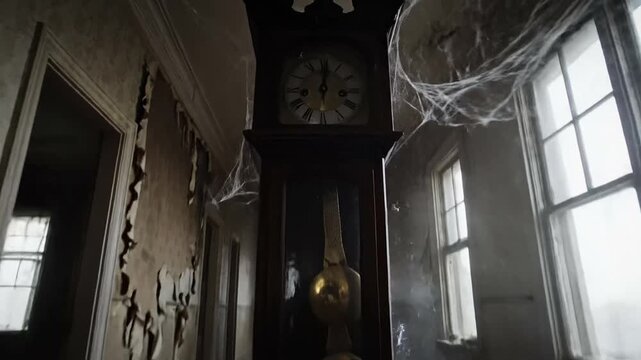 Old grandfather clock standing in a derelict hallway with peeling wallpaper and ominous cobwebs creating a spooky atmosphere