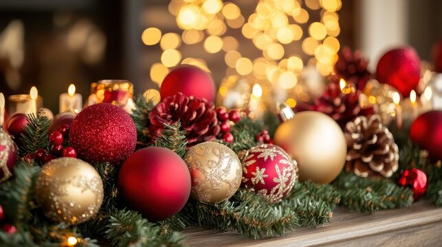 Festive Christmas Ornaments Adorn a Fireplace Mantle with Warm Bokeh Lights