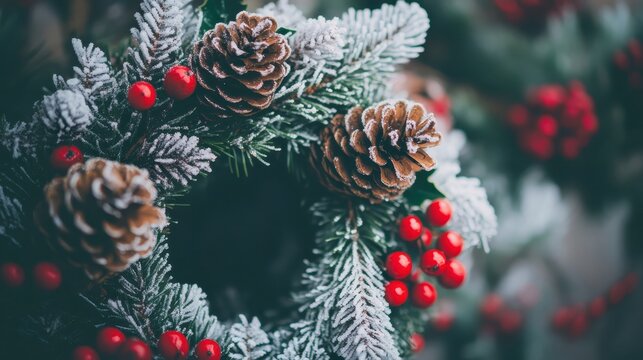 Festive Christmas Wreath with Frosted Pinecones and Holly Berries, Traditional Winter Decor