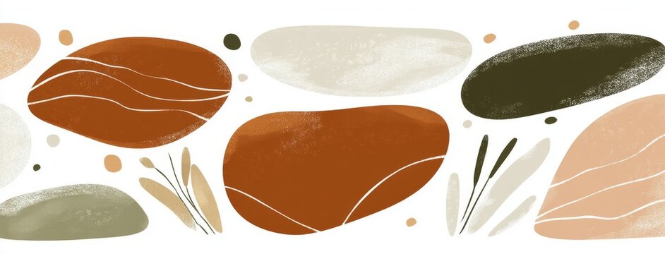 The abstract modern print set showcases oil texture and acrylic paint in textured arrangements of green, khaki, olive, brown, beige, blush, white, and gold, accompanied by various illustration